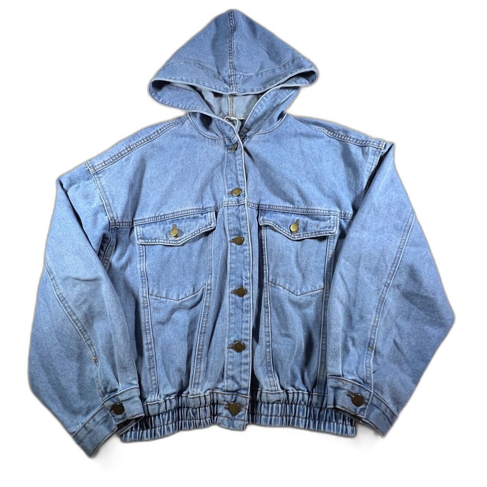 Women Hooded Denim Jacket Light Wash Elastic Hem Oversized Size Large